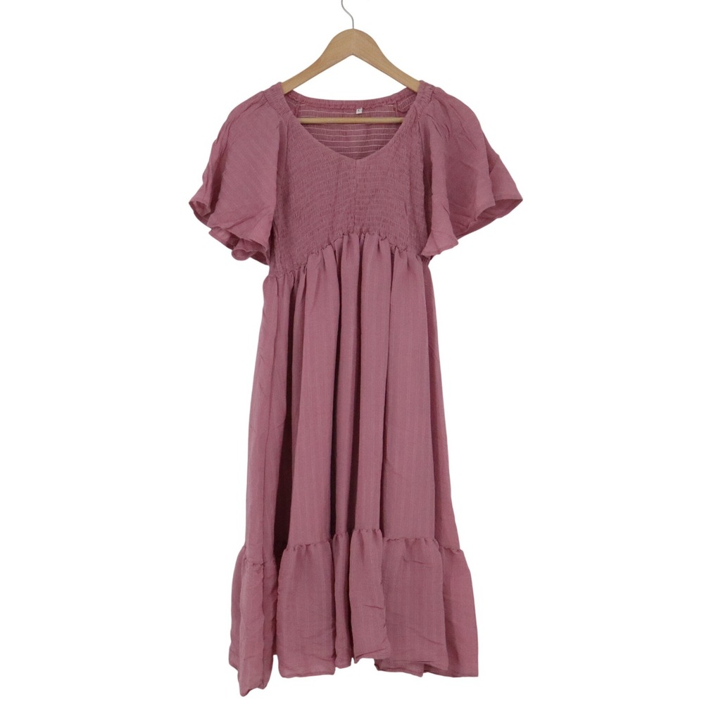Unbranded Smocked Tiered Midi Dress Dusty Rose Pink Flutter Sleeve Size L